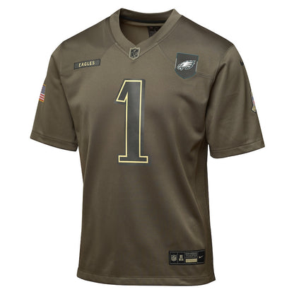 Jalen Hurts 1 Philadelphia Eagles 2025 Salute to Service YOUTH Jersey - Olive