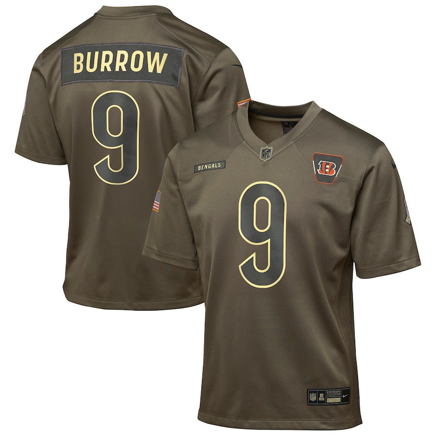 Joe Burrow 9 Cincinnati Bengals 2025 Salute to Service YOUTH Jersey - Olive