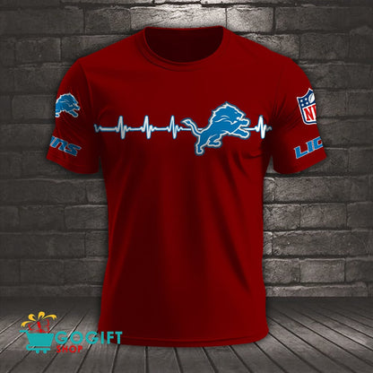 Detroit Lions Heart Beat Simple Style All Over Printed T-shirt