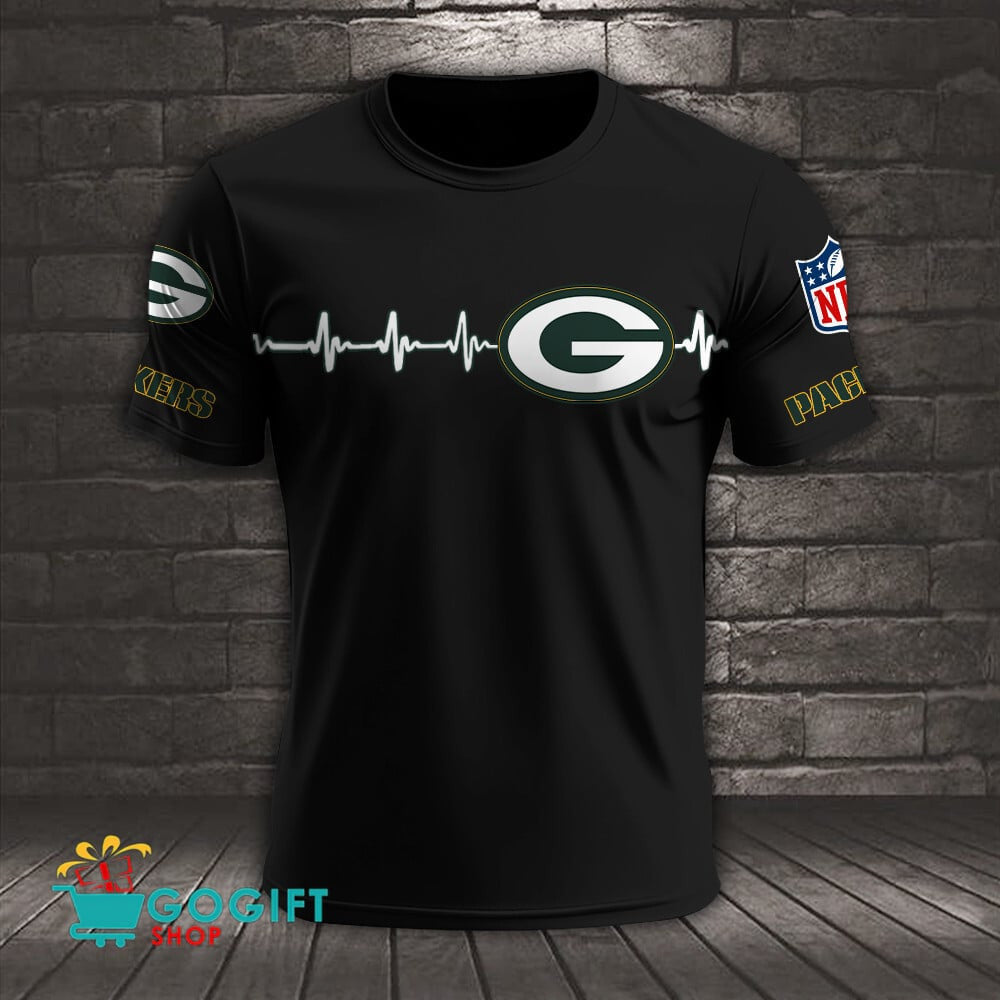 Green Bay Packers Heart Beat Simple Style All Over Printed T-shirt