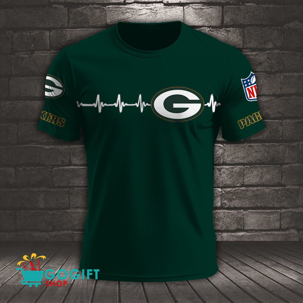 Green Bay Packers Heart Beat Simple Style All Over Printed T-shirt