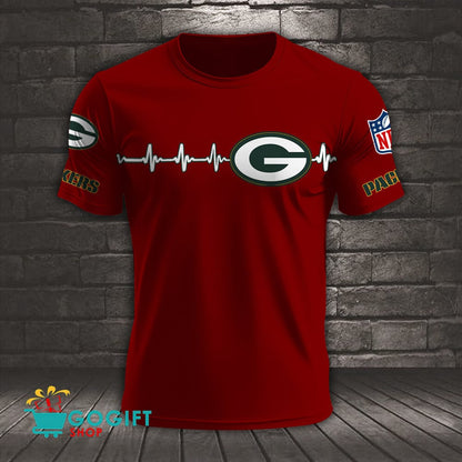 Green Bay Packers Heart Beat Simple Style All Over Printed T-shirt