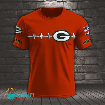 Green Bay Packers Heart Beat Simple Style All Over Printed T-shirt
