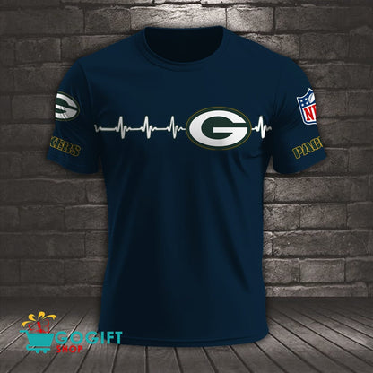 Green Bay Packers Heart Beat Simple Style All Over Printed T-shirt