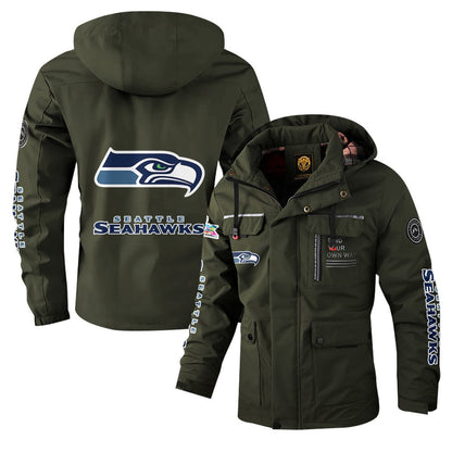 Seattle Seahawks 2026 Super Bowl LX Army Green Parka Coat – Printed Logos