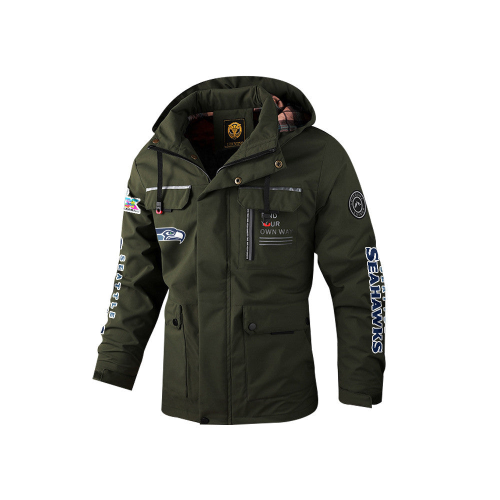 Seattle Seahawks 2026 Super Bowl LX Army Green Parka Coat – Printed Logos