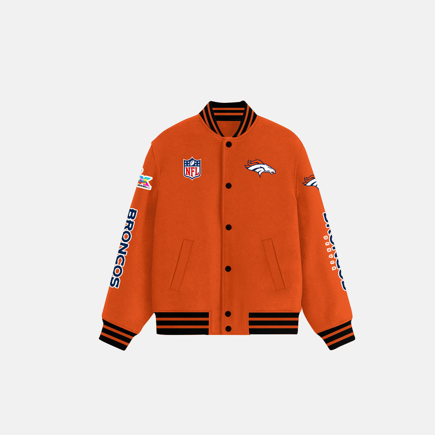Denver Broncos Orange Varsity Jacket – Fully Embroidered Logos, Fan Edition