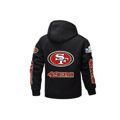 San Francisco 49ers 2026 Super Bowl LX Black Fleece Zip-Up Jacket – Printed Logos, Personalized Name