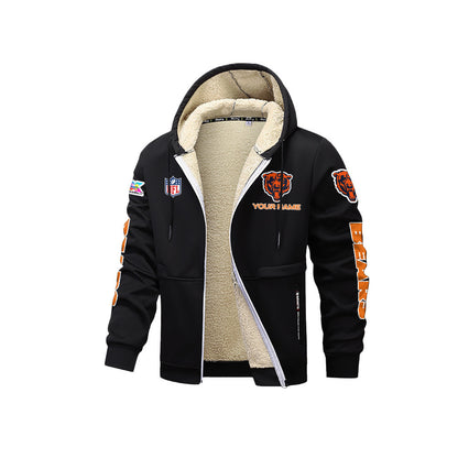 Chicago Bears 2026 Super Bowl LX Black Fleece Zip-Up Jacket – Printed Logos, Personalized Name