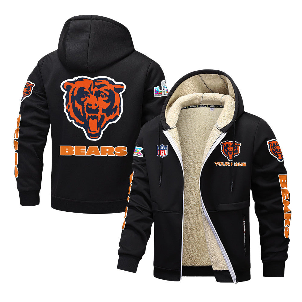 Chicago Bears 2026 Super Bowl LX Black Fleece Zip-Up Jacket – Printed Logos, Personalized Name