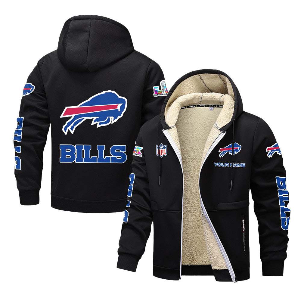 Buffalo Bills 2026 Super Bowl LX Black Fleece Zip-Up Jacket – Printed Logos, Personalized Name