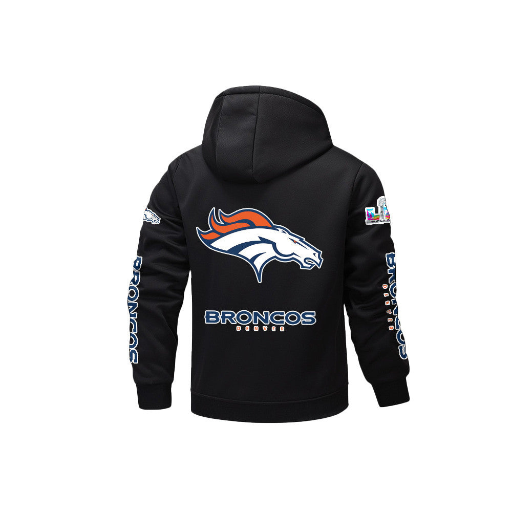 Denver Broncos 2026 Super Bowl LX Black Fleece Zip-Up Jacket – Printed Logos, Personalized Name