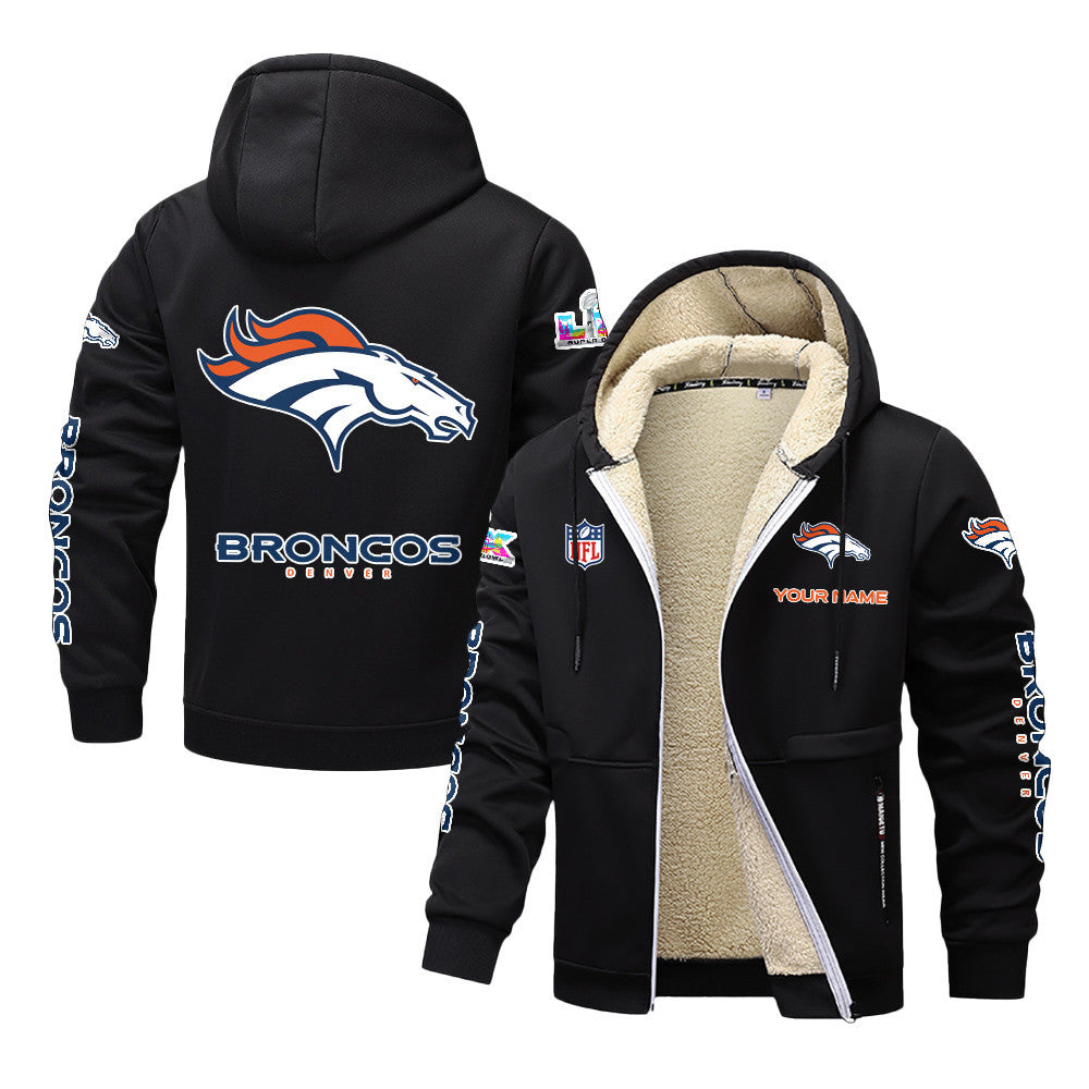 Denver Broncos 2026 Super Bowl LX Black Fleece Zip-Up Jacket – Printed Logos, Personalized Name