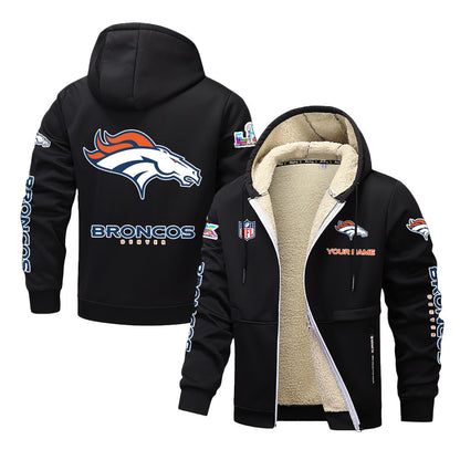 Denver Broncos 2026 Super Bowl LX Black Fleece Zip-Up Jacket – Printed Logos, Personalized Name