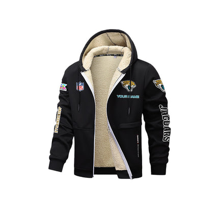 Jacksonville Jaguars 2026 Super Bowl LX Black Fleece Zip-Up Jacket – Printed Logos, Personalized Name