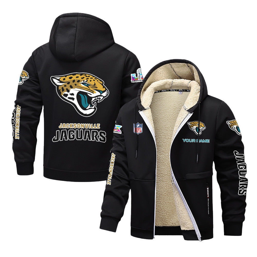 Jacksonville Jaguars 2026 Super Bowl LX Black Fleece Zip-Up Jacket – Printed Logos, Personalized Name