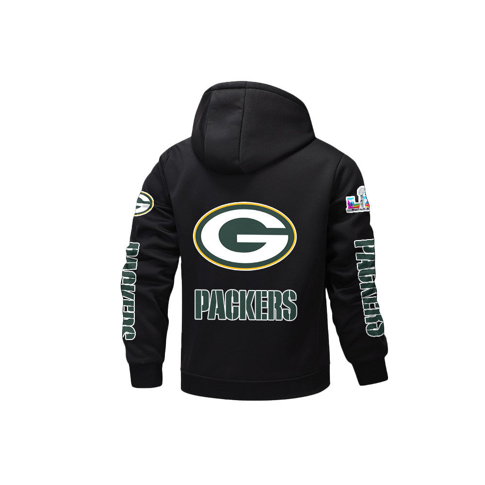 Green Bay Packers 2026 Super Bowl LX Black Fleece Zip-Up Jacket – Printed Logos, Personalized Name