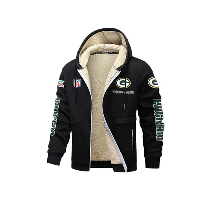 Green Bay Packers 2026 Super Bowl LX Black Fleece Zip-Up Jacket – Printed Logos, Personalized Name