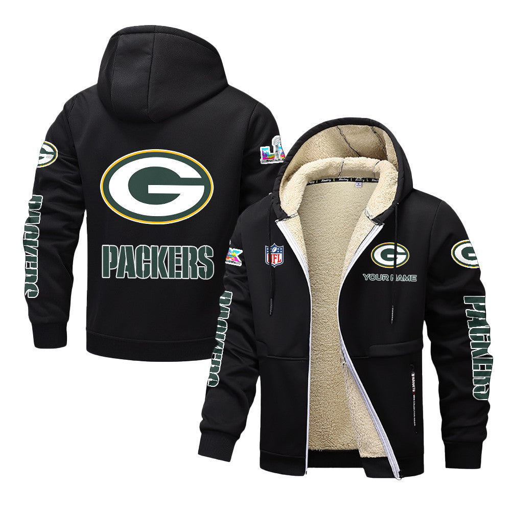 Green Bay Packers 2026 Super Bowl LX Black Fleece Zip-Up Jacket – Printed Logos, Personalized Name