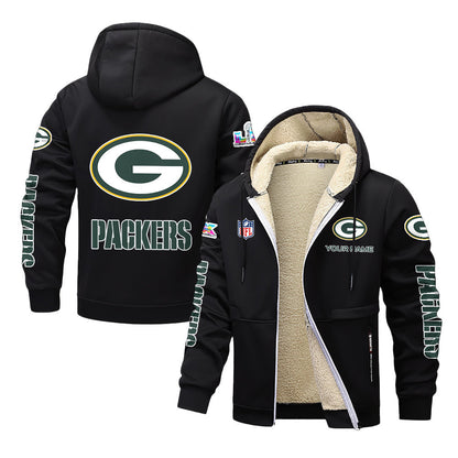 Green Bay Packers 2026 Super Bowl LX Black Fleece Zip-Up Jacket – Printed Logos, Personalized Name