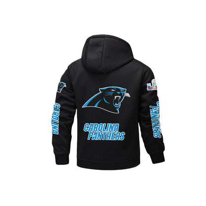 Carolina Panthers 2026 Super Bowl LX Black Fleece Zip-Up Jacket – Printed Logos, Personalized Name