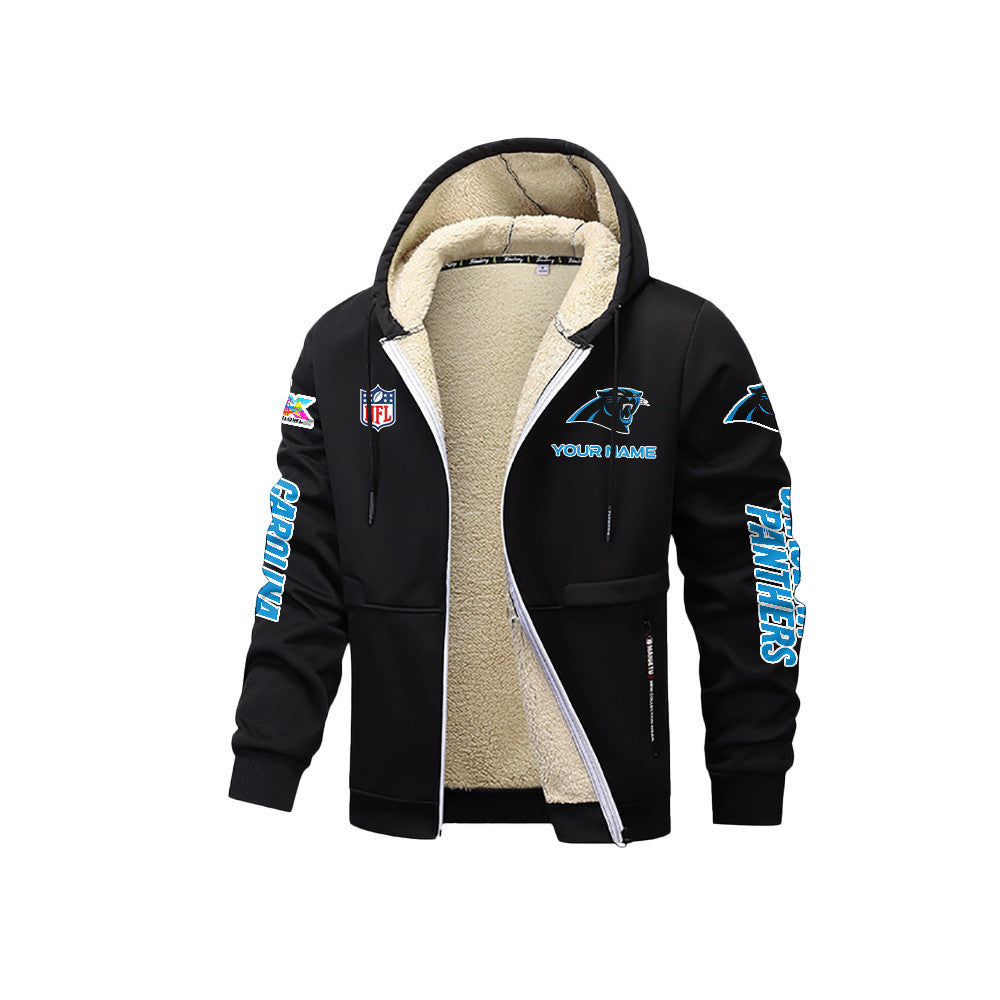 Carolina Panthers 2026 Super Bowl LX Black Fleece Zip-Up Jacket – Printed Logos, Personalized Name