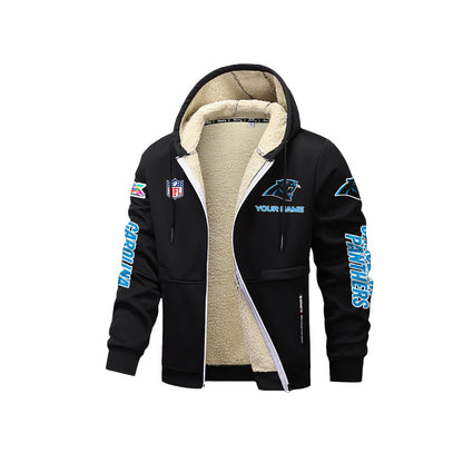 Carolina Panthers 2026 Super Bowl LX Black Fleece Zip-Up Jacket – Printed Logos, Personalized Name