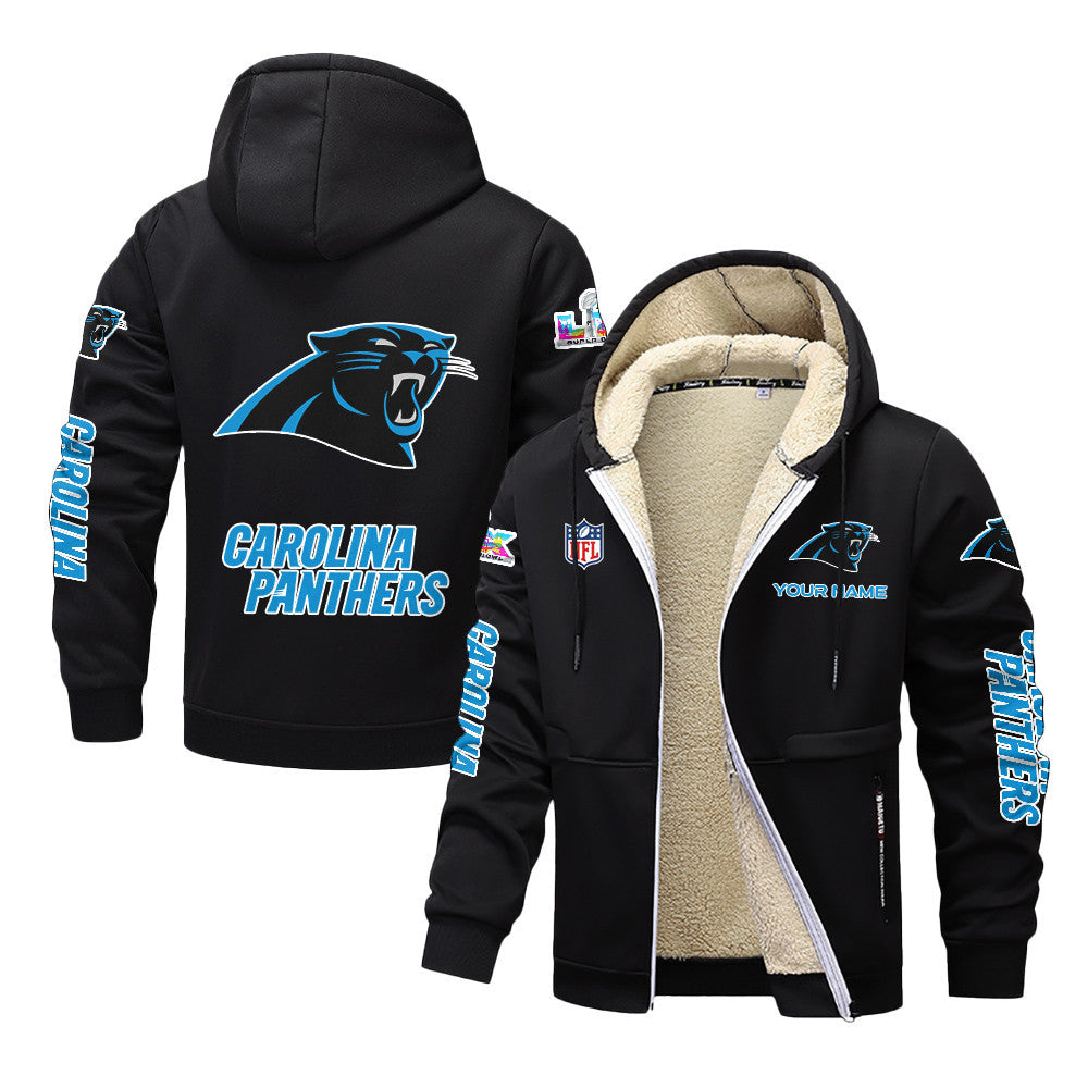 Carolina Panthers 2026 Super Bowl LX Black Fleece Zip-Up Jacket – Printed Logos, Personalized Name