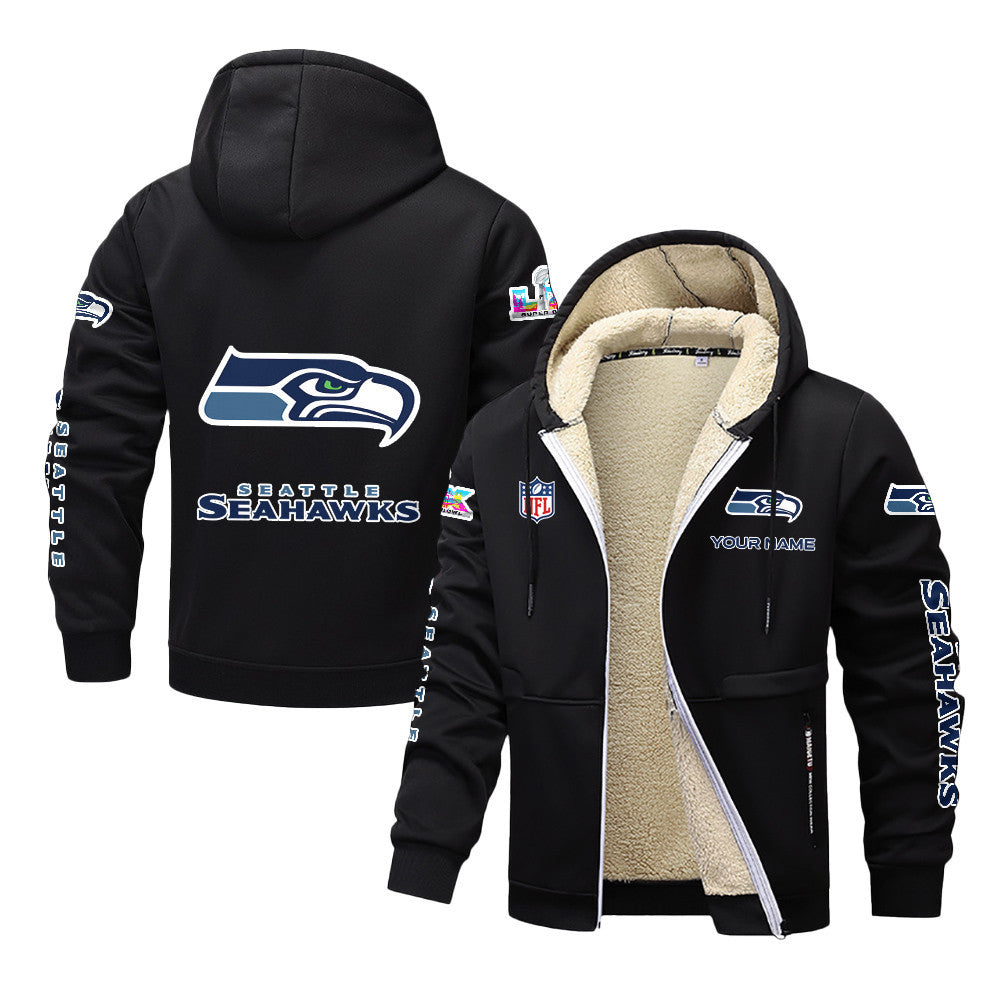 Seattle Seahawks 2026 Super Bowl LX Black Fleece Zip-Up Jacket – Printed Logos, Personalized Name