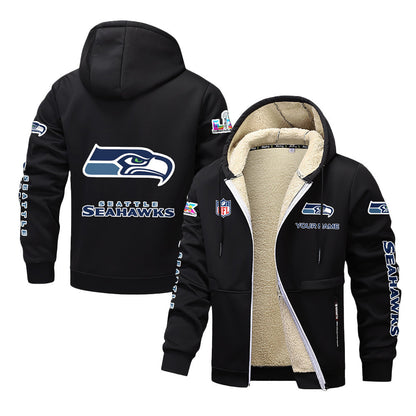 Seattle Seahawks 2026 Super Bowl LX Black Fleece Zip-Up Jacket – Printed Logos, Personalized Name