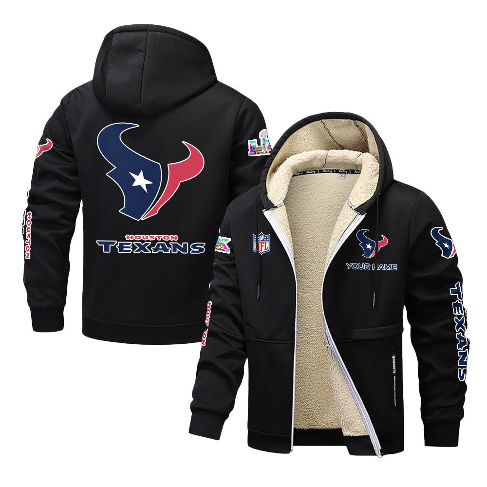 Houston Texans 2026 Super Bowl LX Black Fleece Zip-Up Jacket – Printed Logos, Personalized Name