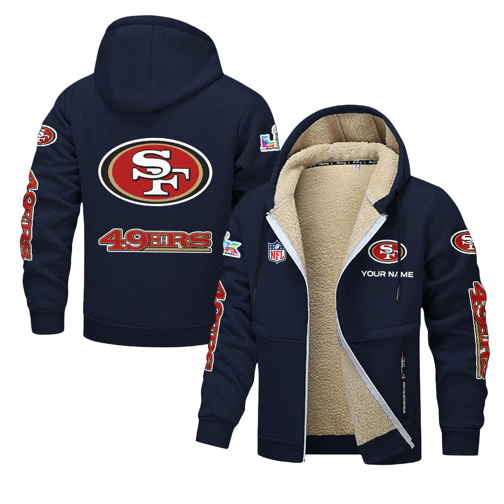 San Francisco 49ers 2026 Super Bowl LX Navy Fleece Zip-Up Jacket – Printed Logos, Personalized Name