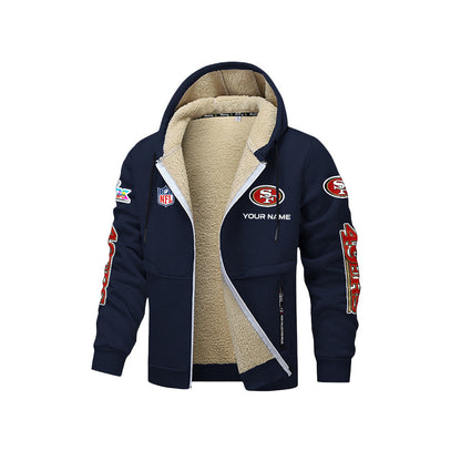 San Francisco 49ers 2026 Super Bowl LX Navy Fleece Zip-Up Jacket – Printed Logos, Personalized Name