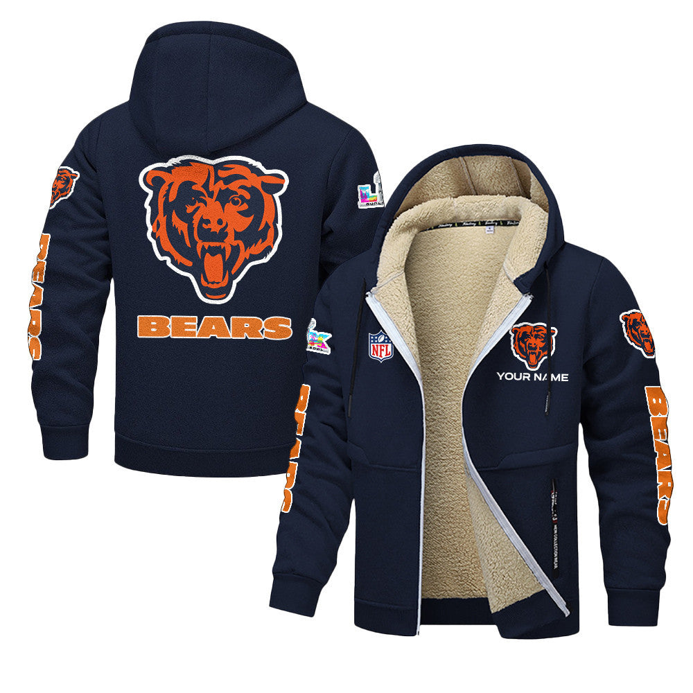 Chicago Bears 2026 Super Bowl LX Navy Fleece Zip-Up Jacket – Printed Logos, Personalized Name