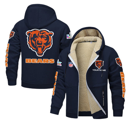 Chicago Bears 2026 Super Bowl LX Navy Fleece Zip-Up Jacket – Printed Logos, Personalized Name