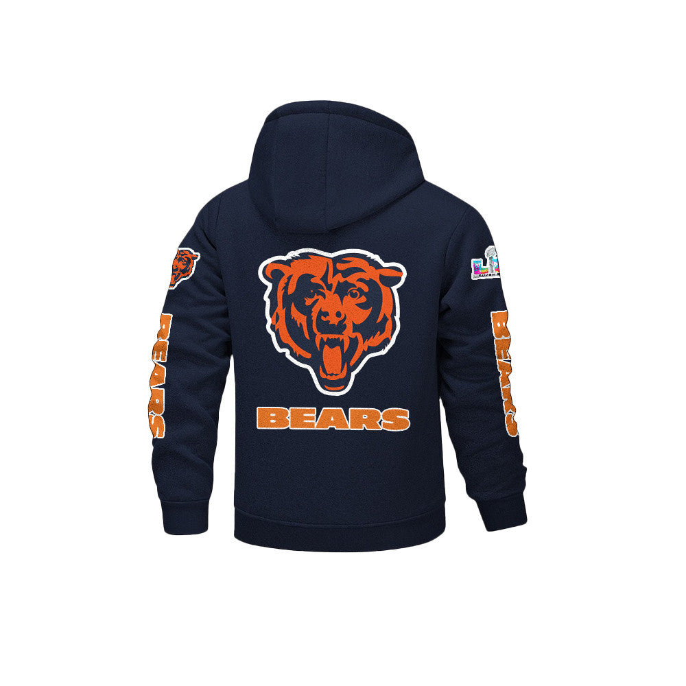 Chicago Bears 2026 Super Bowl LX Navy Fleece Zip-Up Jacket – Printed Logos, Personalized Name