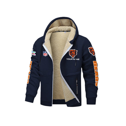 Chicago Bears 2026 Super Bowl LX Navy Fleece Zip-Up Jacket – Printed Logos, Personalized Name