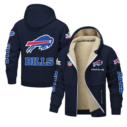 Buffalo Bills 2026 Super Bowl LX Navy Fleece Zip-Up Jacket – Printed Logos, Personalized Name