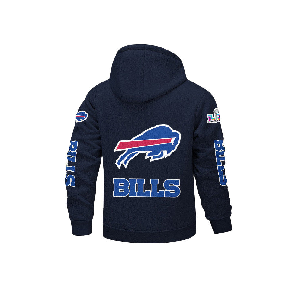 Buffalo Bills 2026 Super Bowl LX Navy Fleece Zip-Up Jacket – Printed Logos, Personalized Name