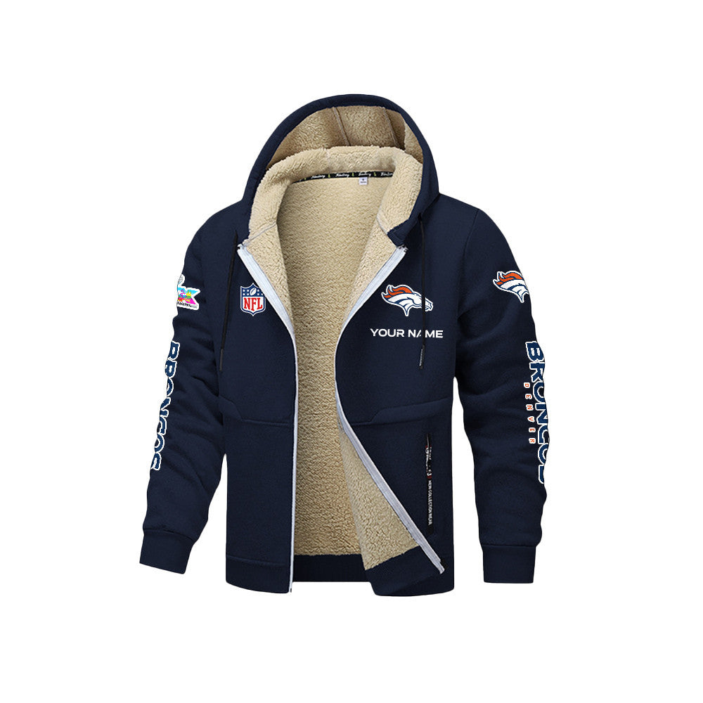 Denver Broncos 2026 Super Bowl LX Navy Fleece Zip-Up Jacket – Printed Logos, Personalized Name