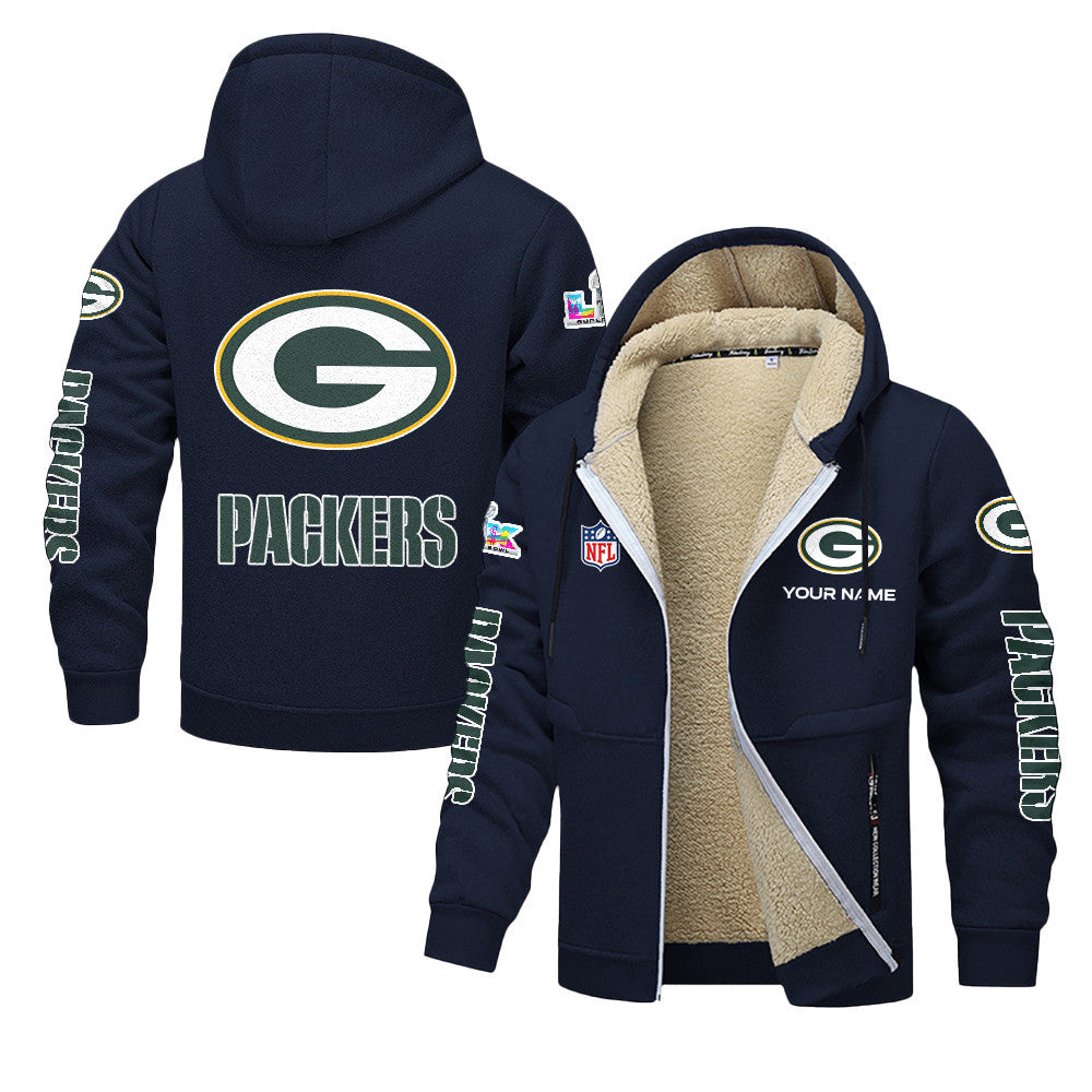 Green Bay Packers 2026 Super Bowl LX Navy Fleece Zip-Up Jacket – Printed Logos, Personalized Name
