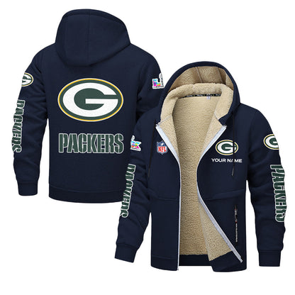 Green Bay Packers 2026 Super Bowl LX Navy Fleece Zip-Up Jacket – Printed Logos, Personalized Name