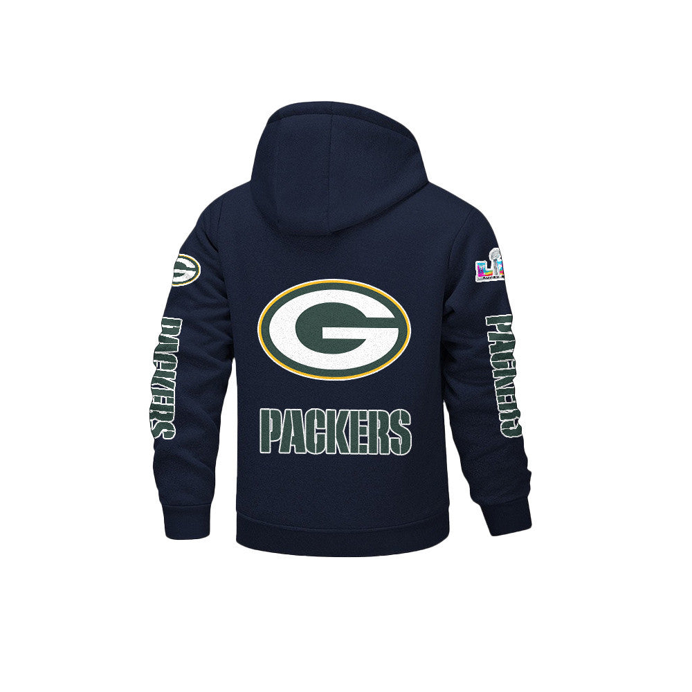 Green Bay Packers 2026 Super Bowl LX Navy Fleece Zip-Up Jacket – Printed Logos, Personalized Name