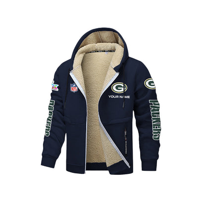 Green Bay Packers 2026 Super Bowl LX Navy Fleece Zip-Up Jacket – Printed Logos, Personalized Name