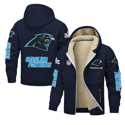 Carolina Panthers 2026 Super Bowl LX Navy Fleece Zip-Up Jacket – Printed Logos, Personalized Name