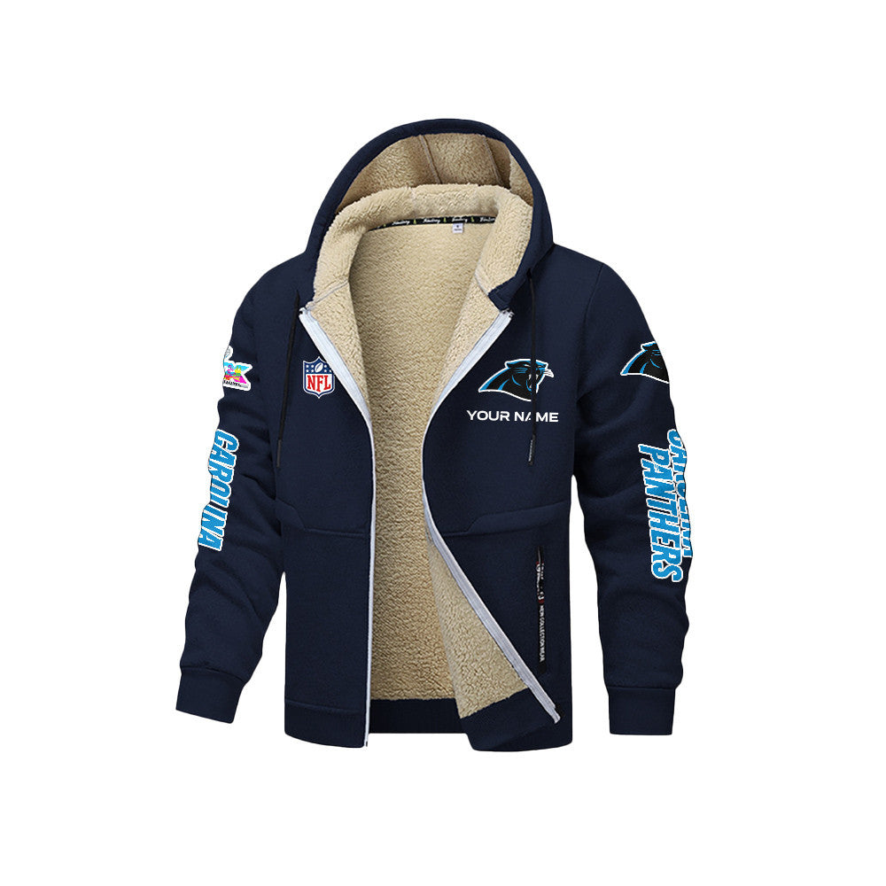 Carolina Panthers 2026 Super Bowl LX Navy Fleece Zip-Up Jacket – Printed Logos, Personalized Name