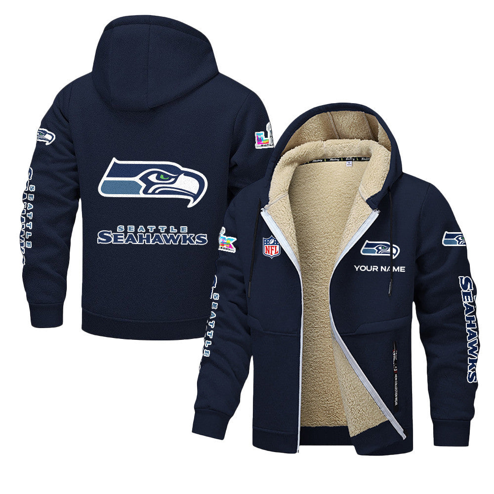 Seattle Seahawks 2026 Super Bowl LX Navy Fleece Zip-Up Jacket – Printed Logos, Personalized Name