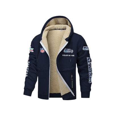 Seattle Seahawks 2026 Super Bowl LX Navy Fleece Zip-Up Jacket – Printed Logos, Personalized Name