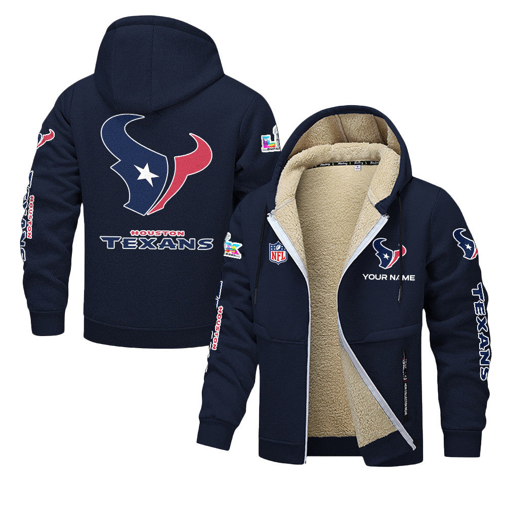 Houston Texans 2026 Super Bowl LX Navy Fleece Zip-Up Jacket – Printed Logos, Personalized Name