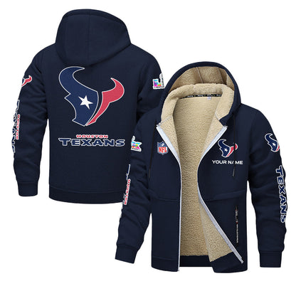 Houston Texans 2026 Super Bowl LX Navy Fleece Zip-Up Jacket – Printed Logos, Personalized Name